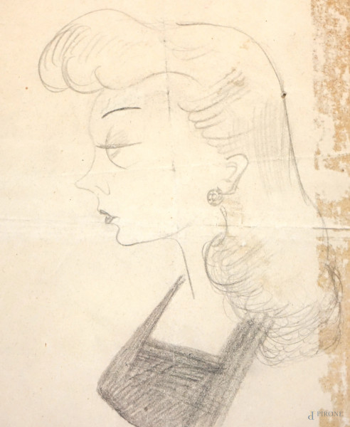 Profilo di donna, caricatura a matita su carta, cm 15x10 circa, siglato e datato, entro cornice, ...