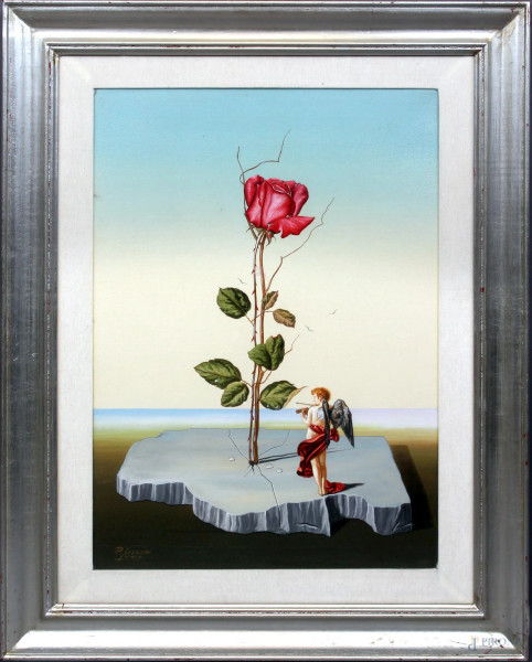 Pierluigi Cesarini, La rosa, olio su tela 70x50 cm, entro cornice.