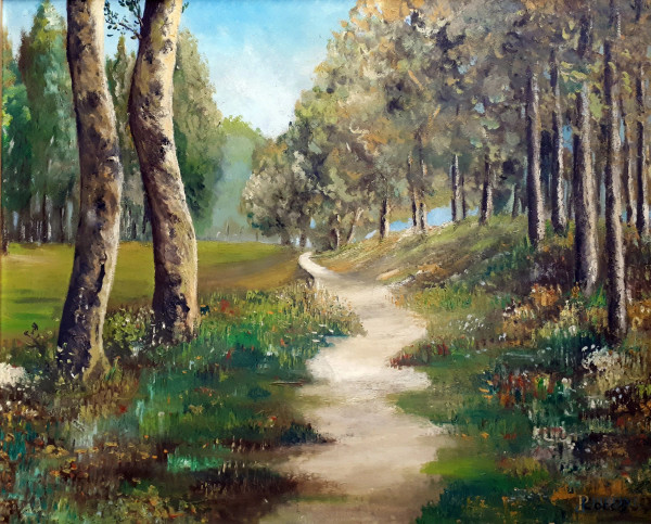 Paesaggio con viale di campagna e &#160;alberi, olio su tela, cm 50x60, firmato