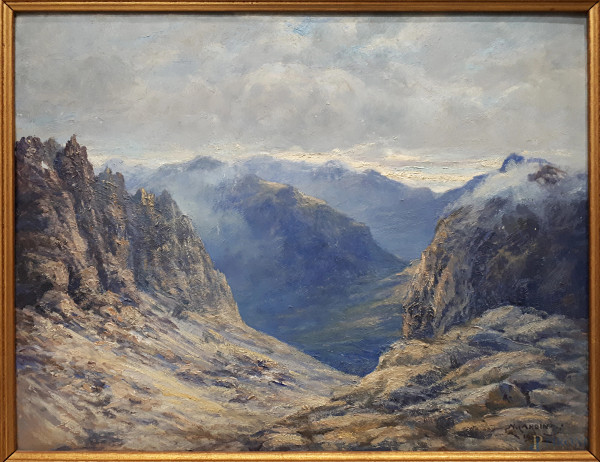 N. Cardinati (XIX sec.) Paesaggio montano, 1934, olio su cartone, cm 34x45, firmato e datato, con cornice