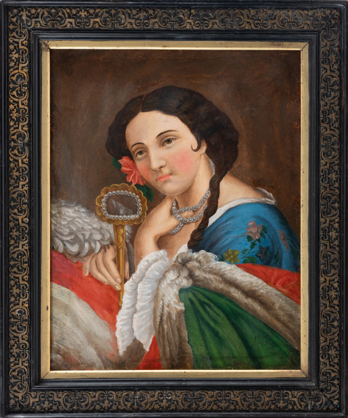 Ritratto di ragazza con specchio, XX secolo, olio su tela, cm 44x36, siglato in basso a destra, entro cornice, (segni di usura, sollevamenti di colore, segni di battitura del telaio, difetti)