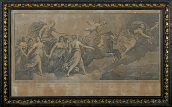 Incisione di Apollo nel suo carro preceduto dall'Aurora da Guido Reni incisi da Giov. Volpato e Raffaele Morghen, cm 52x91 entro cornice, (difetti, gore e umidità)