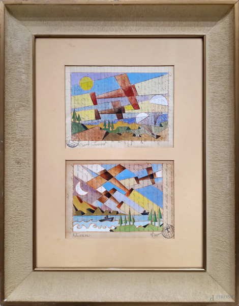 Vittorio Caproni (XX sec.) Futuraerei, lotto composto da due aeropitture a tecnica mista su fogli...