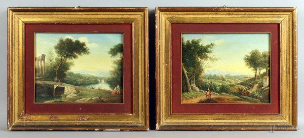 Coppia di paesaggi laziali, olio su cartone, cm. 20x25,5, firmati L. Petiti, entro cornici.