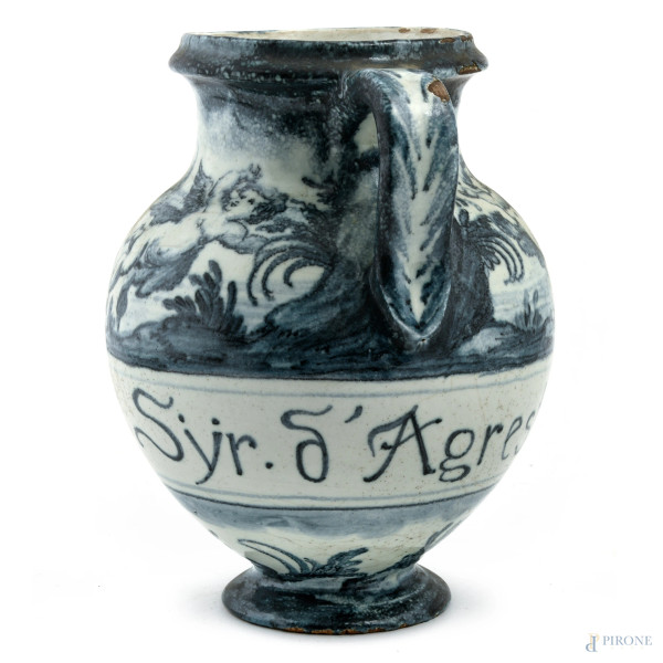 Versatoio da farmacia "Syr d'Agresto" decorato nei toni del blu, XX secolo, altezza cm 25, (difet...