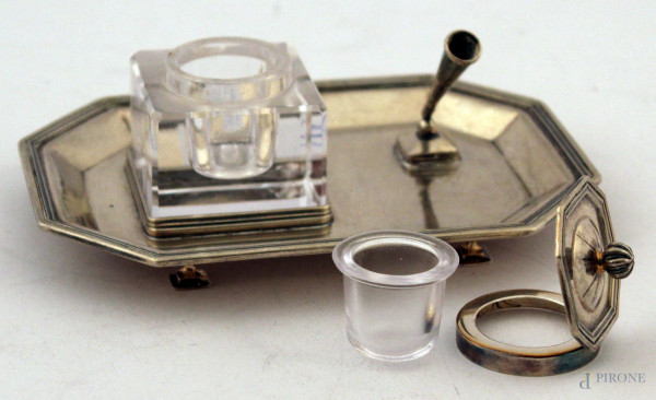 Calamaio in argento con flaconi in cristallo, 16x12 cm