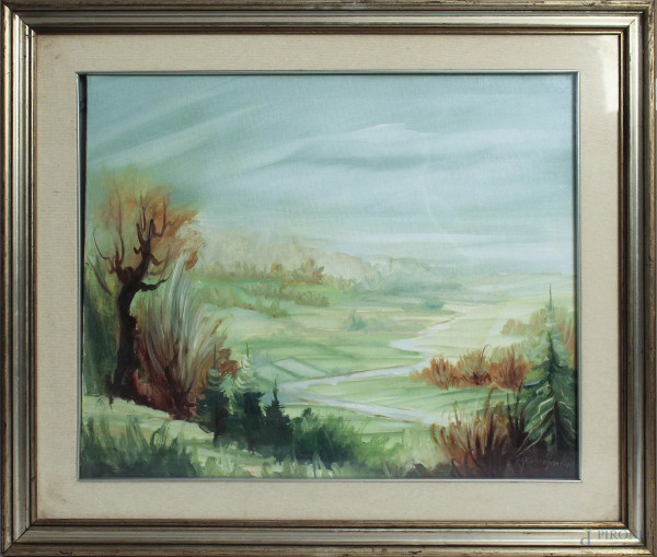 Paesaggio, dipinto ad olio su tela, cm 50 x 60, entro cornice.