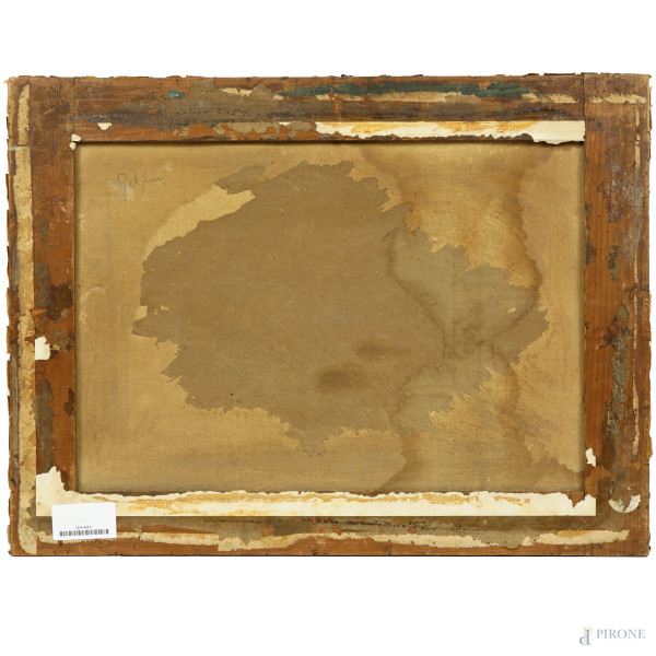 Combattimento tra cavalli, tecnica mista su carta applicata su tela, datato in basso a destra "Ma...