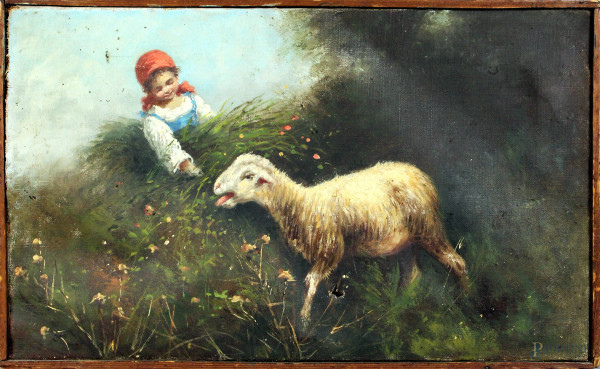 Contadina con pecorella, olio su tela, cm. 20x33, inizi XX secolo, (difetti sulla tela).