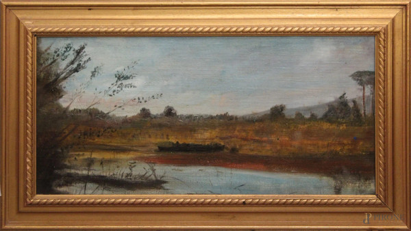 Paesaggio fluviale, olio su cartone telato, 30x62 cm, entro cornice firmato G. Costa
