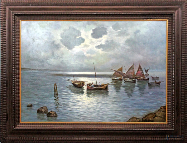 Marina con imbarcazioni, olio su tavola, cm 71x101, firmato R. Scoppa, entro cornice.