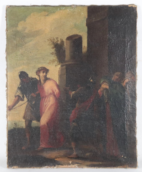 Cattura di Cristo, XVIII - XIX secolo, olio su tela, cm 54x43, (segni di usura, abrasioni, craquelure, sollevamenti e cadute di colore)