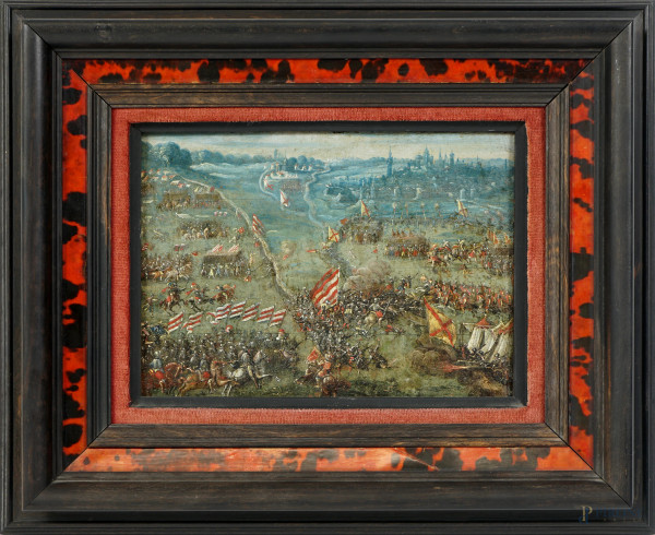 Pittore tedesco del XVIII-XIX secolo, La battaglia di Lechfeld, olio su rame, cm 17x12, entro cornice