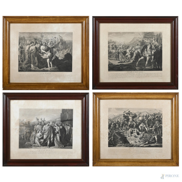 Lotto di quattro incisioni raffiguranti episodi dell'antica Roma, XIX-XX secolo, cm 58x47, entro cornice, (Segni di usura, gore, foxing, difetti, bruniture, tracce di umidità)