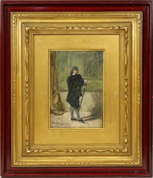 Ritratto di giovane con la spada, olio su cartone, firmato in basso a sinistra A. Cassioli, cm 19,7x14, entro cornice