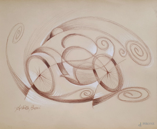 Achille Boni (XX sec.) Velociclo, tecnica mista su carta, cm 24x29, firmato