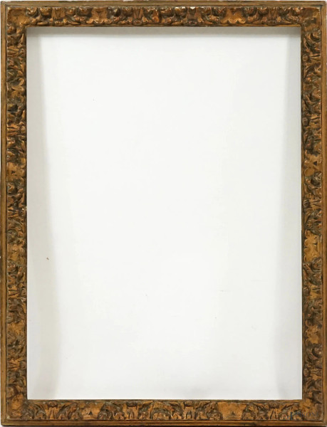 Cornice in legno intagliata e dorata, XIX secolo, ingombro 67x51, battente cm 61x45
