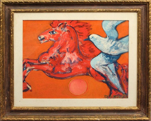 Cavallo e colomba, olio su tela, firmato, cm 40 x 50, entro cornice.
