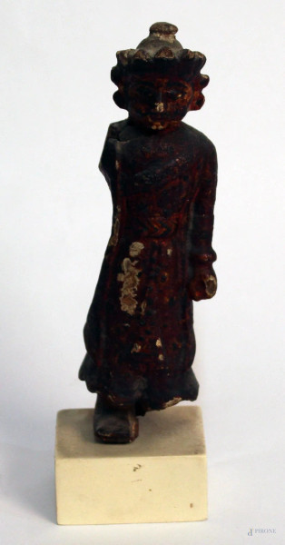 Dignitario, antica scultura in legno dipinto, h 20 cm, difetti.