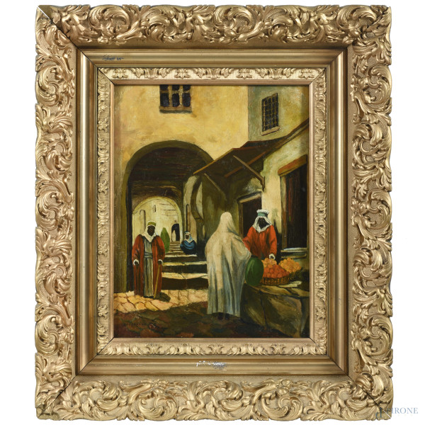 Mercato arabo, XX secolo, olio su tavoletta, cm 45x35, firmato in basso a sinistra, entro cornice