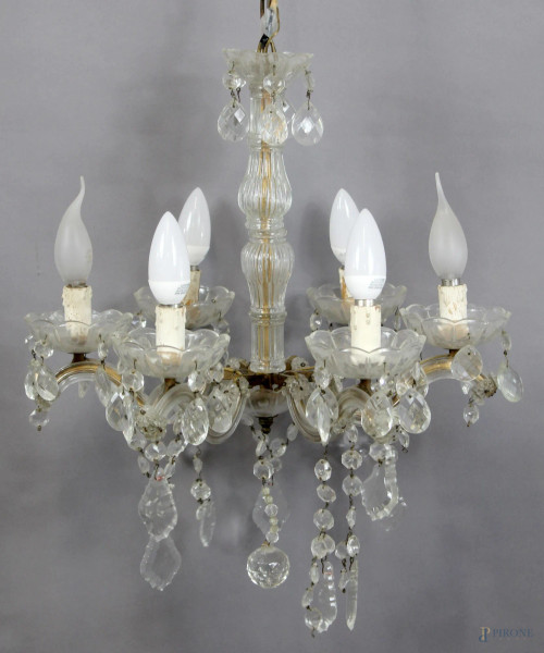 Lampadario in cristallo a sei luci, altezza 50 cm, primi &#39;900.