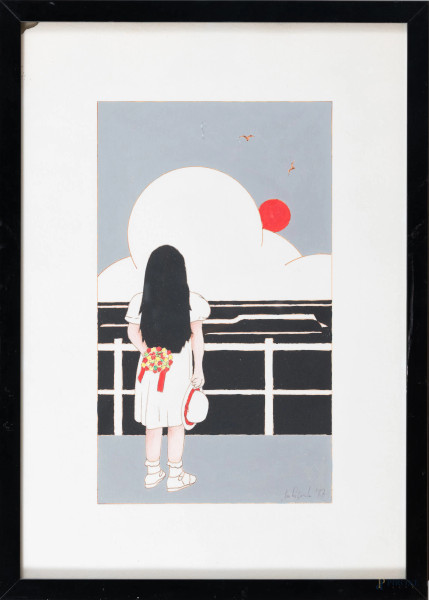 Bambina, XX secolo, tecnica mista su carta, cm 49,5x34,5, firmato in basso a destra, entro cornice