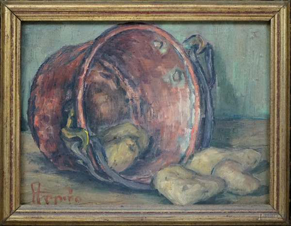 Natura morta-paiolo con patate, olio su cartone, cm 18x24, firmato, entro cornice