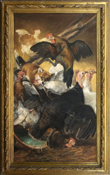 Giuseppe Palizzi - Volpe nel pollaio, olio su tela, cm 163x90, entro cornice