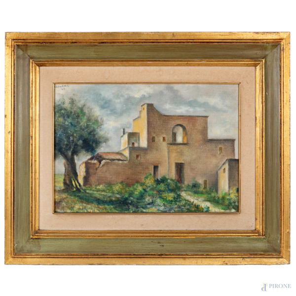 Casale di campagna, XX secolo, olio su faesite telata, cm 36x50, entro cornice