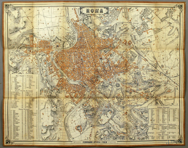 Cartina di Roma del XIX secolo, cm. 50x64.
