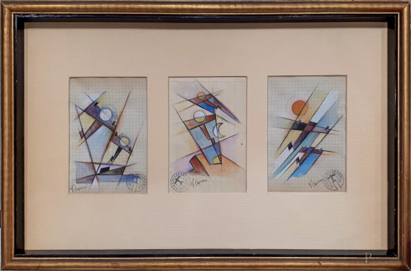 Vittorio Caproni (XX sec.), Lotto composto da tre aeropitture a tecnica mista su carta, ciascuna cm 15x10, firma e timbro dell'Artista 