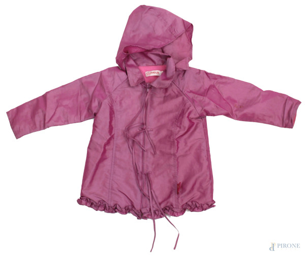 Clayeux, giacchetto da bambina viola con cappuccio, esterno  impermeabile ed interno foderato in cotone, chiusura a zip e laccetti,  taglia 2 anni.