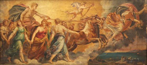 Da Guido Reni, Aurora, olio su tela, cm 17x36, XVIII sec., entro cornice.