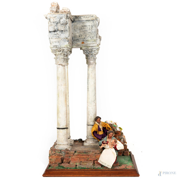 Gruppo da presepe in tessuto e terracotta con architettura in materiali diversi, XX secolo, altez...