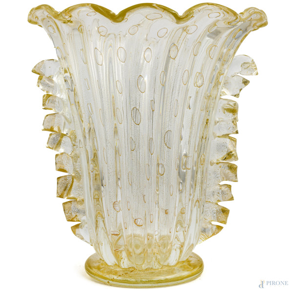 Fabiano Amadi, Vaso in vetro di Murano trasparente spruzzato oro, altezza cm 35, firmato al graffio alla base