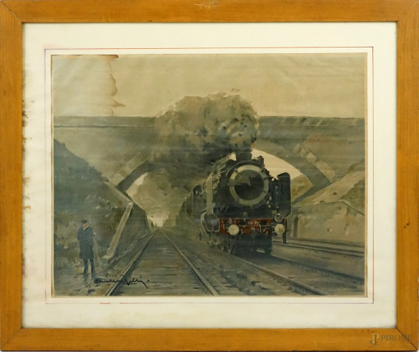 Treno, stampa ritoccata a mano, cm 28x57,5, XX secolo, entro cornice.