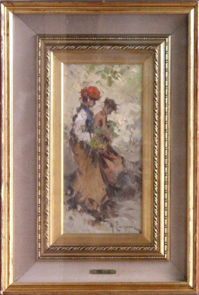 Antonio Pecoraro - Figure, olio su cartone telato, cm 36 x 17, entro cornice.