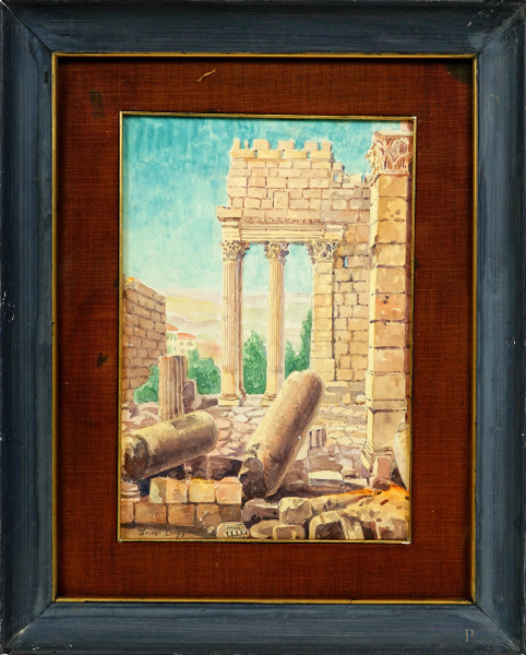 Rovine romane, acquerello su carta, firmato, cm 32x23, entro cornice