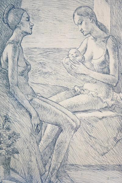 Gabriel Girardi - Donne con bambino, multiplo su carta, cm 30x20 circa, es.41/100, entro cornice, (difetto sulla carta).