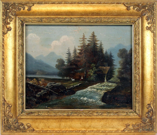 Paesaggio montano con fiume e pastorella, olio su tavola, cm 24x32, firmato, entro cornice.