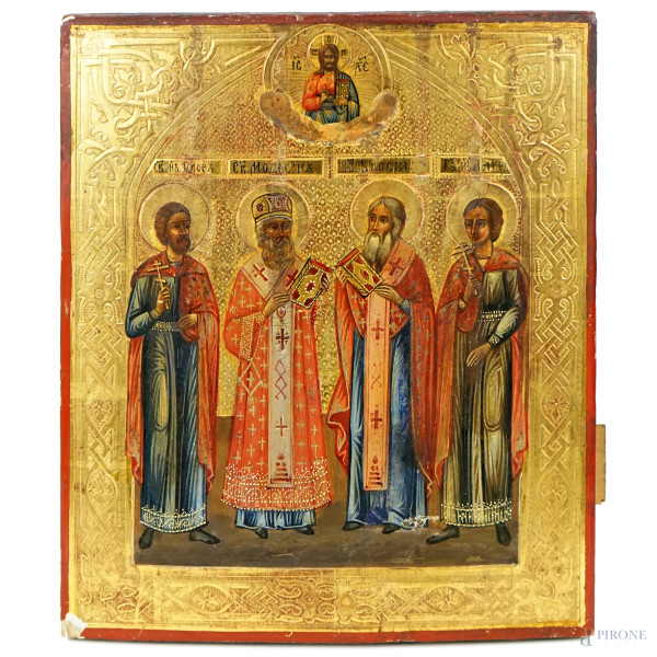 Icona russa con quattro Santi, tempera su tavola, cm 26,5x22,5, inizi XX secolo, (difetti).