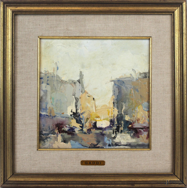 Scorcio urbano, olio su tavola, cm 23x23, XX secolo, entro cornice.