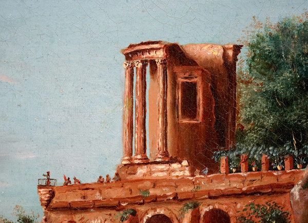 Pittore francese del XIX secolo, Veduta costiera con pescatori e capriccio architettonico, olio s...