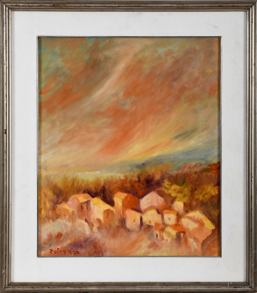 Salvatore Zofrea (1946-), Paesaggio allo Zomaro, olio su compensato, cm 60x50 entro cornice, firmato in basso a sinistra