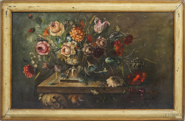 Natura morta- vaso con fiori, olio su tela, cm 59,5x99, firmato, entro cornice