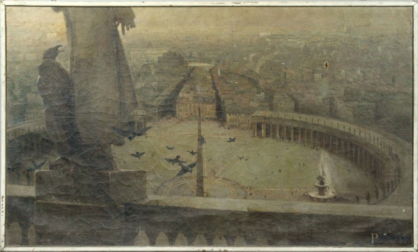 Veduta di Piazza San Pietro con la Spina di Borgo, olio su tela, cm 103x180, firmato, entro cornice, (difetti, piccole cadute di colore).