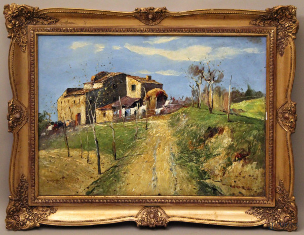 Paesaggio con cascina, olio tavola, 50x70 cm, entro cornice firmato Carosi.