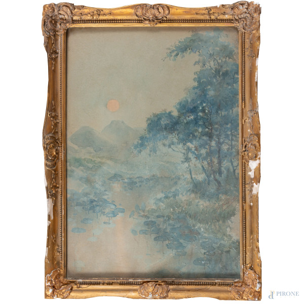 Stagno, XX secolo, tecnica mista su carta, cm 39x27,5, firmato a destra, entro cornice, (segni di usura, tracce di umidità, ondulazioni del supporto, piccole lacune)