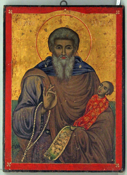 Santo con Bambino, icona ad olio su tavola, 25x33 cm, 1768