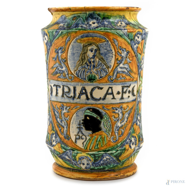 Vaso in maiolica dipinta e decorata in policromia con motivi geometrici, XX secolo, altezza cm 32,5, (scalfiture, rotture, felature, cadute di colore)